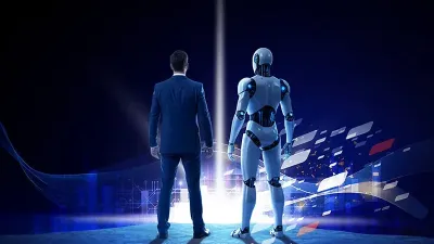 Afbeelding van een robot en een man in maatpak naast elkaar, met daarnaast de slogan 'Moving Forward Together'