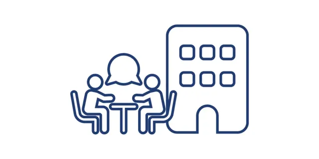 tekening van een bedrijfsgebouw met twee mensen vergaderend aan een tafel