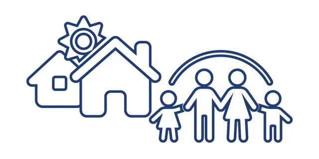 tekening van een huis met een gezin ervoor