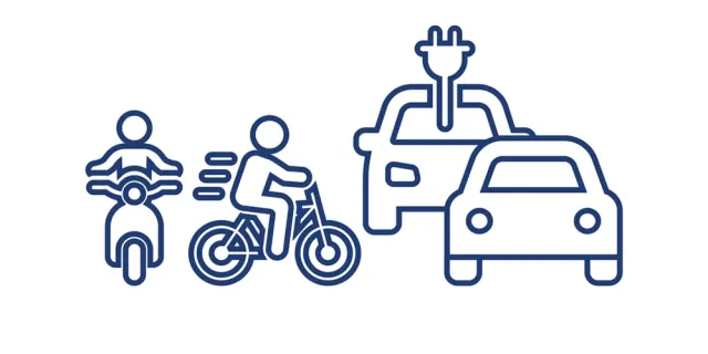 tekening van een motor, een fiets, een auto en een elektrische wagen