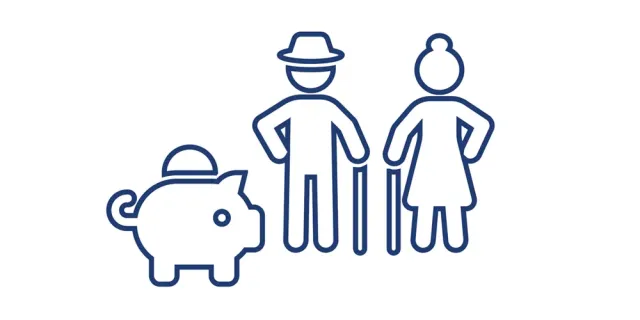 Tekening van een bejaard echtpaar en een spaarvarken