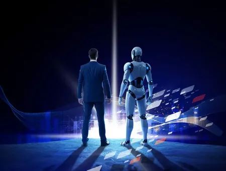 Afbeelding van een robot en een man in maatpak naast elkaar, met daarnaast de slogan 'Moving Forward Together'